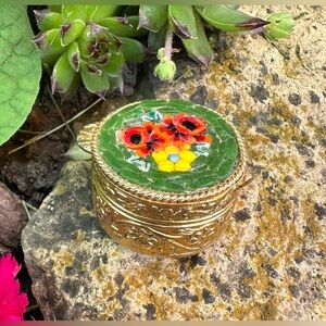 Antique Italian Micro Mosaic Fire Rose Miniature Antique Brass Pill Trinket Box
